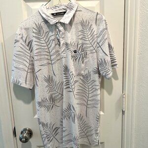 Travis Mathew Golf Polo Shirt Men's M White Gray Fern Leaf Print Short Sleeve
